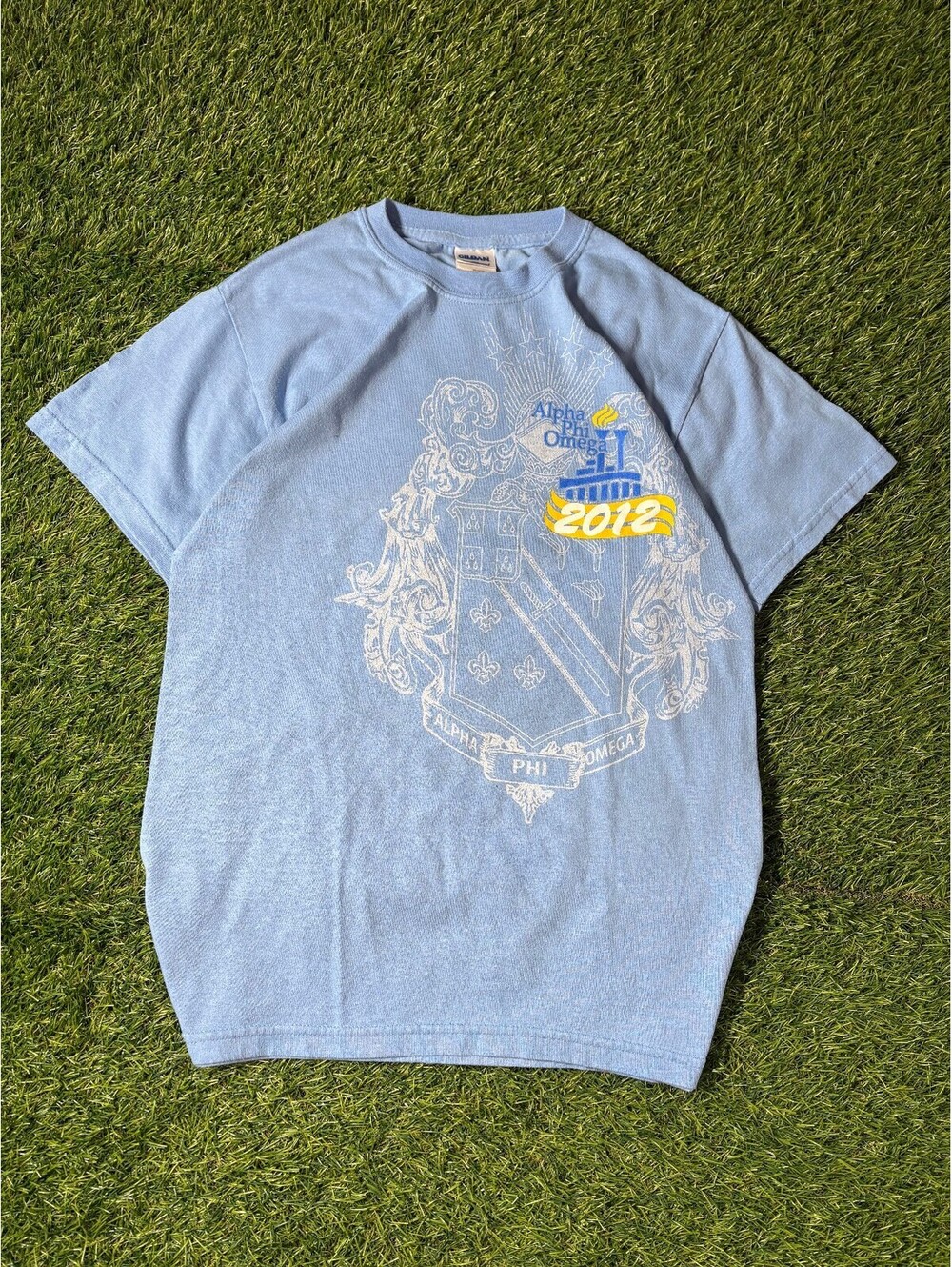 Vintage Alpha Phi Omega DryBlend Light Blue Cotton T-Shirt Mens Size S